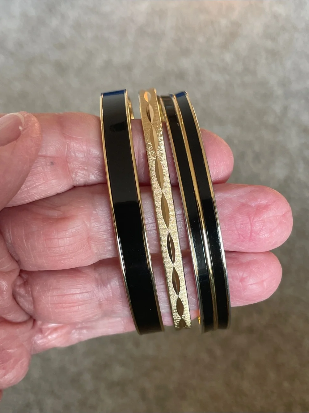 Vintage Monet Bangle Bracelets Set of 3 Gold Plate and Black Enamel Size 7.75